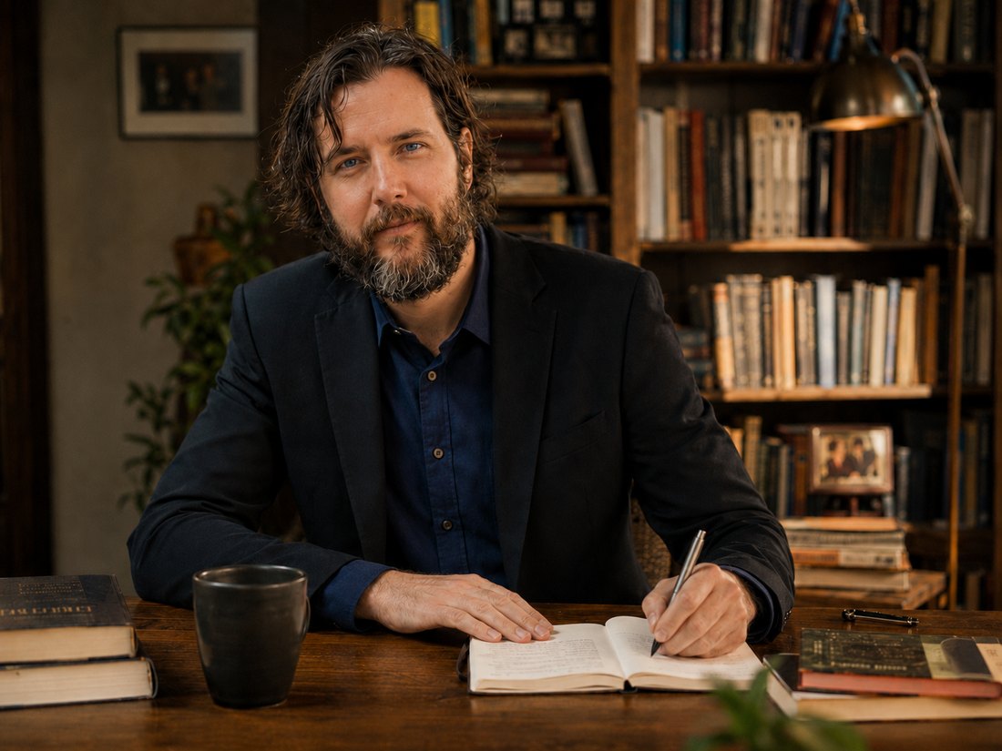 Blaze Farkas writing at his desk, surrounded by books